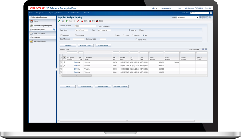 Oracle JD Edwards ERP system laptop screenshot