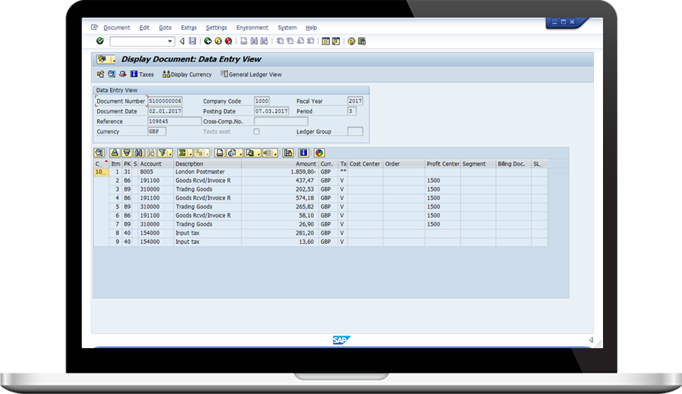 SAP business systems laptop screenshot 