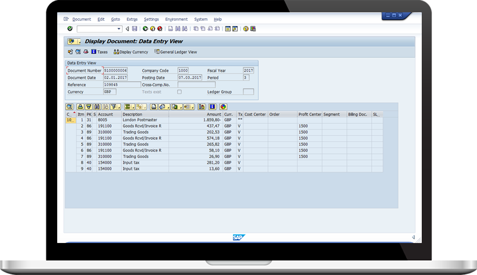 SAP business systems laptop screenshot
